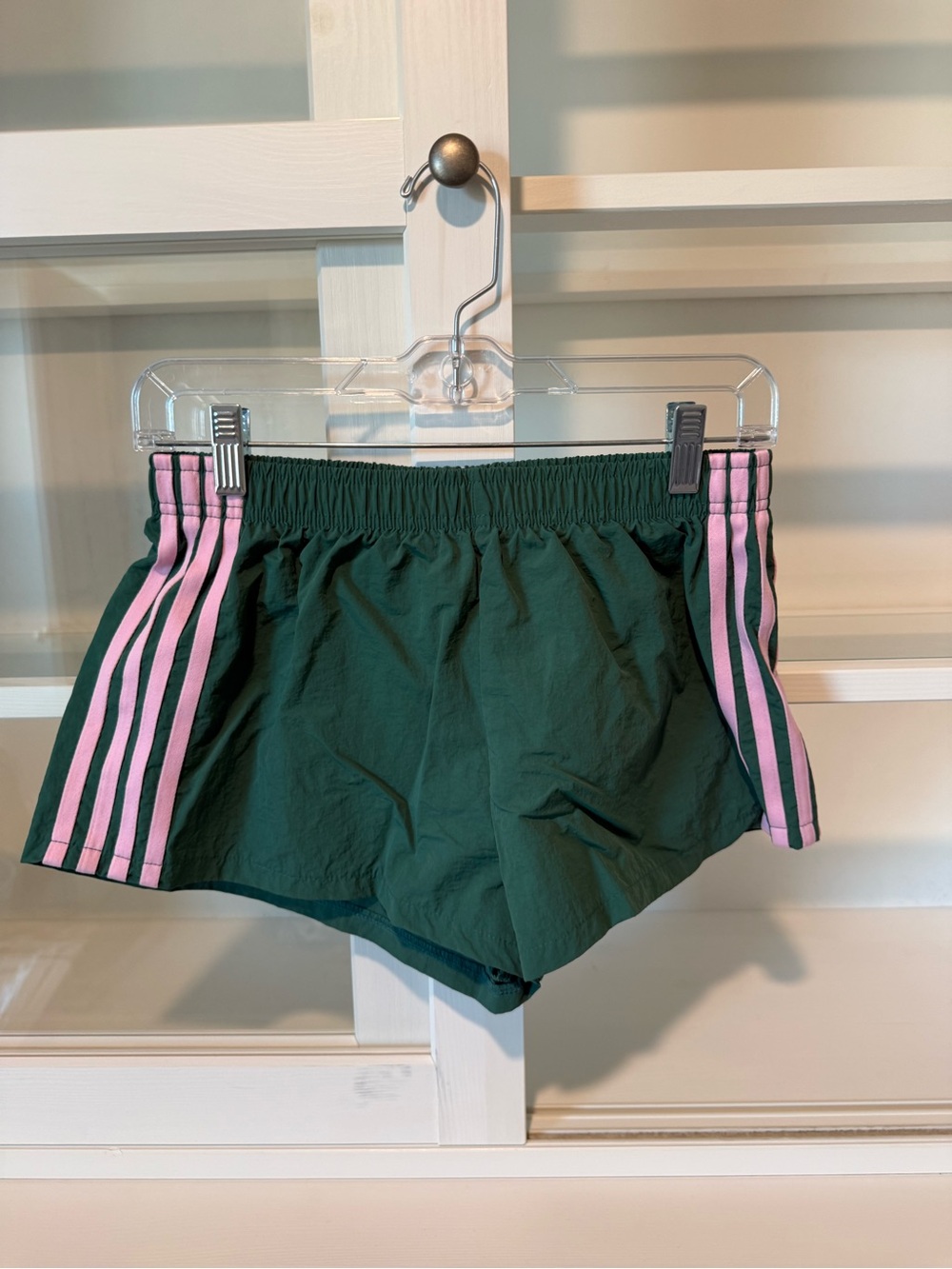 Women’s Dark Green Athletic Shorts with Pink Side Stripes